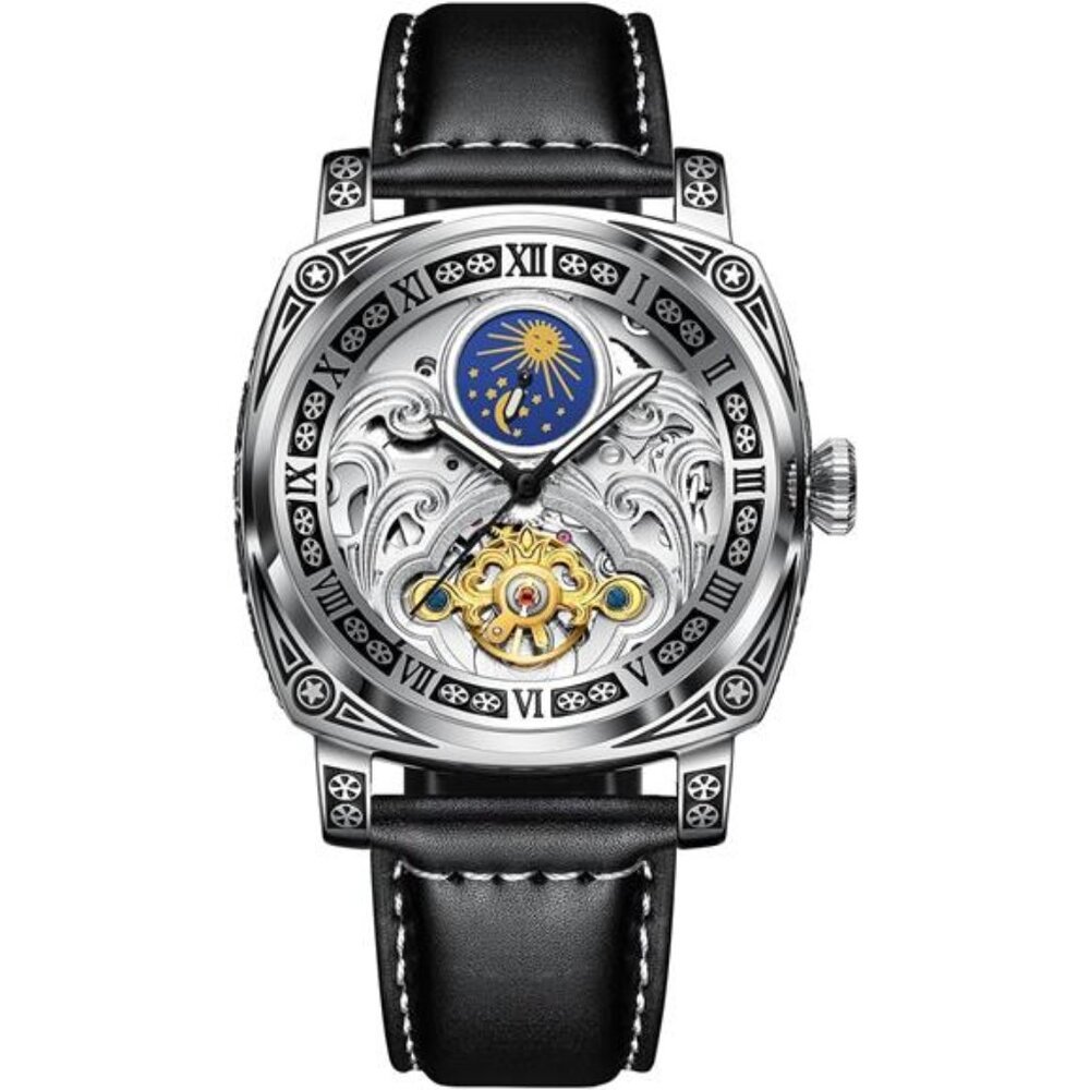 NEW Mens Black Leather Luxury Mechanical Watch